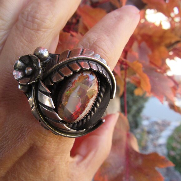 Rare High Horse Silver Exquisite Custom Huge Flashy Mexican Fire Opal Ring .925 - Picture 11 of 14